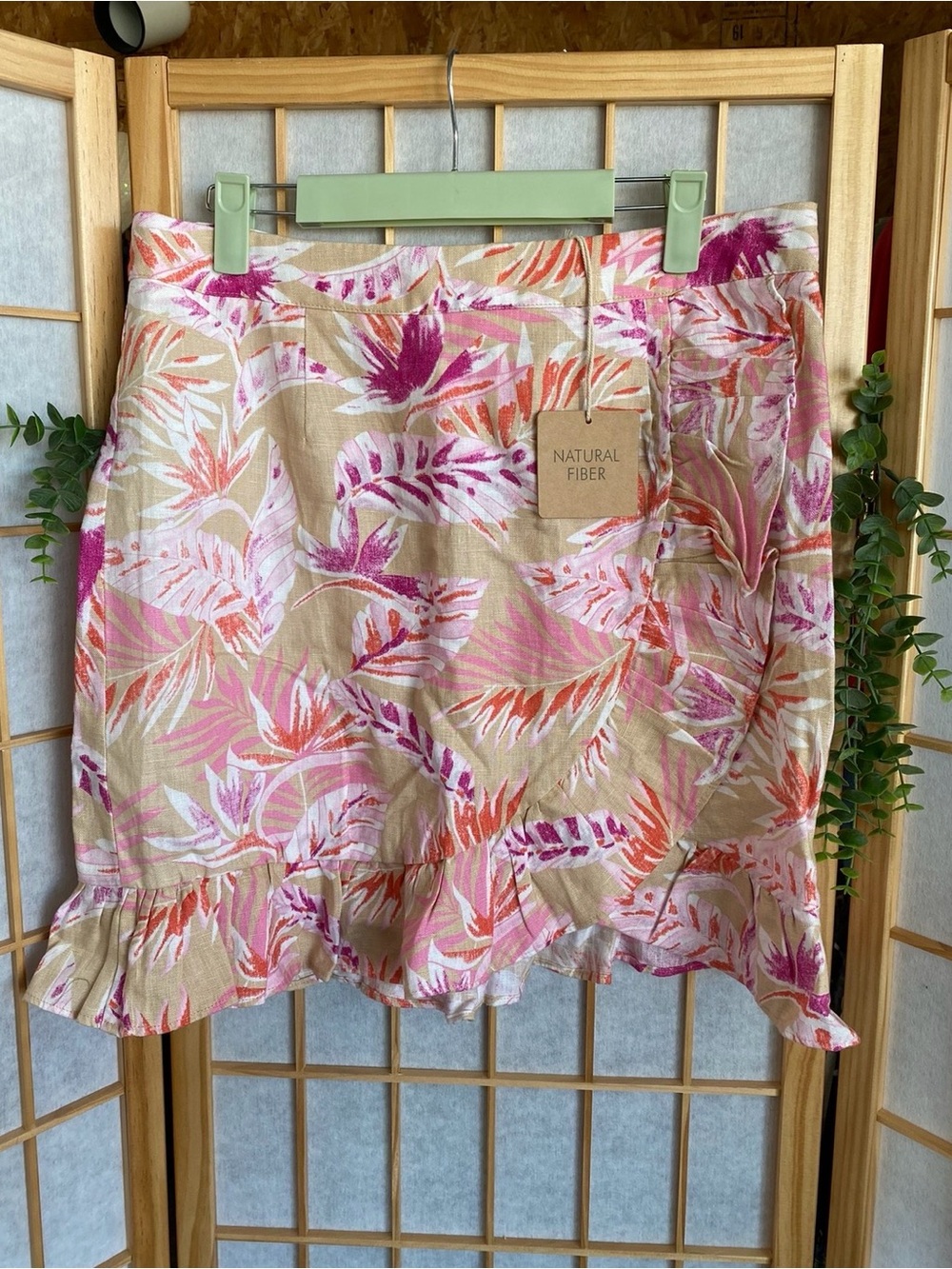 Karlie Beige Mini Skirt with Pink, Purple & Orange Leaf Print